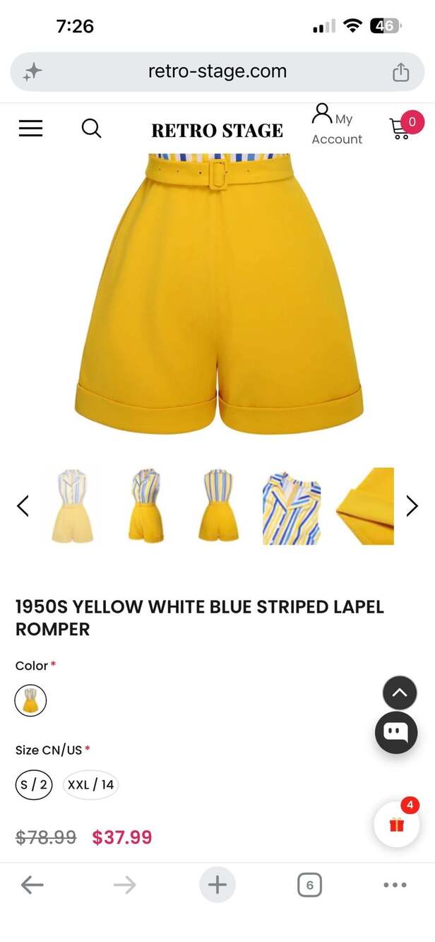 Retro Stage 1950s Yellow White Blue Striped Lapel Romper - Picture 5 of 6